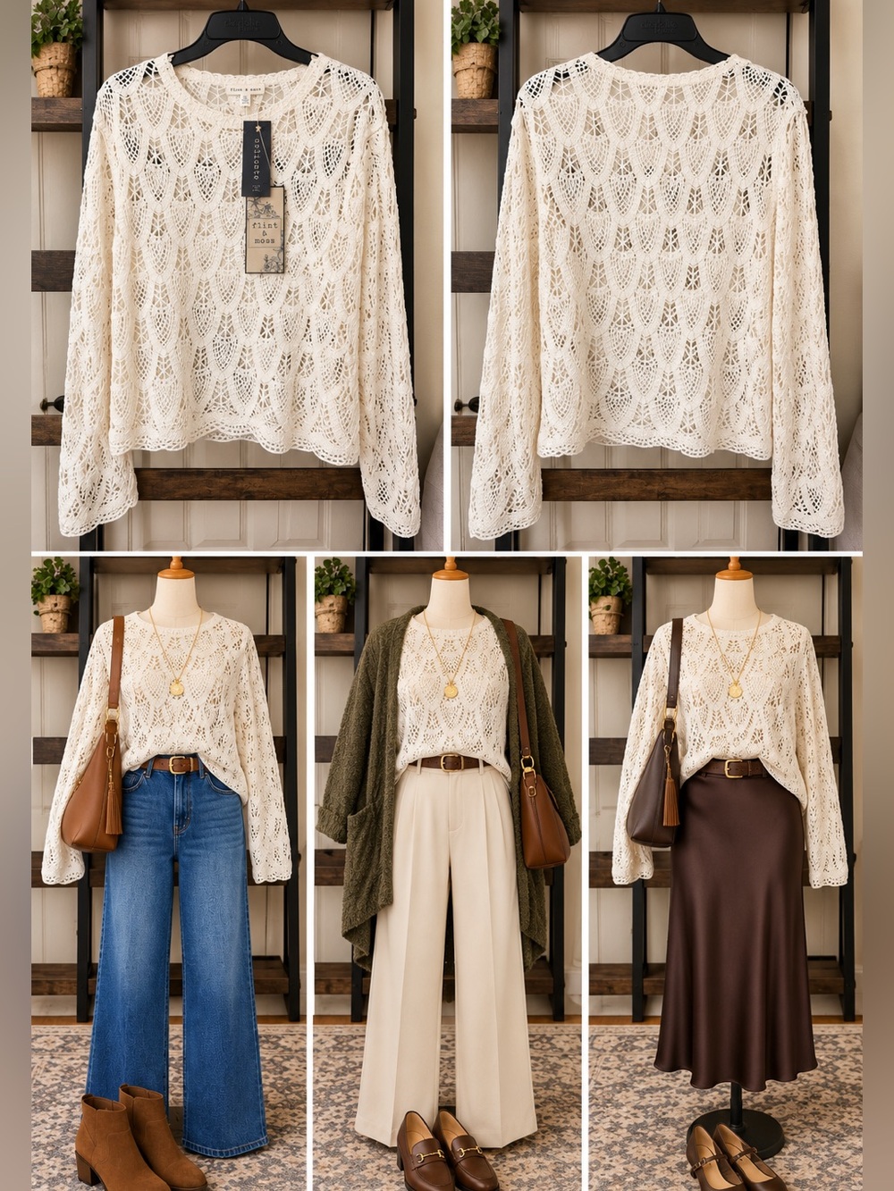 Flint & Moss Ivory Openwork Crochet Sweater Long Sleeve Size L NWT
